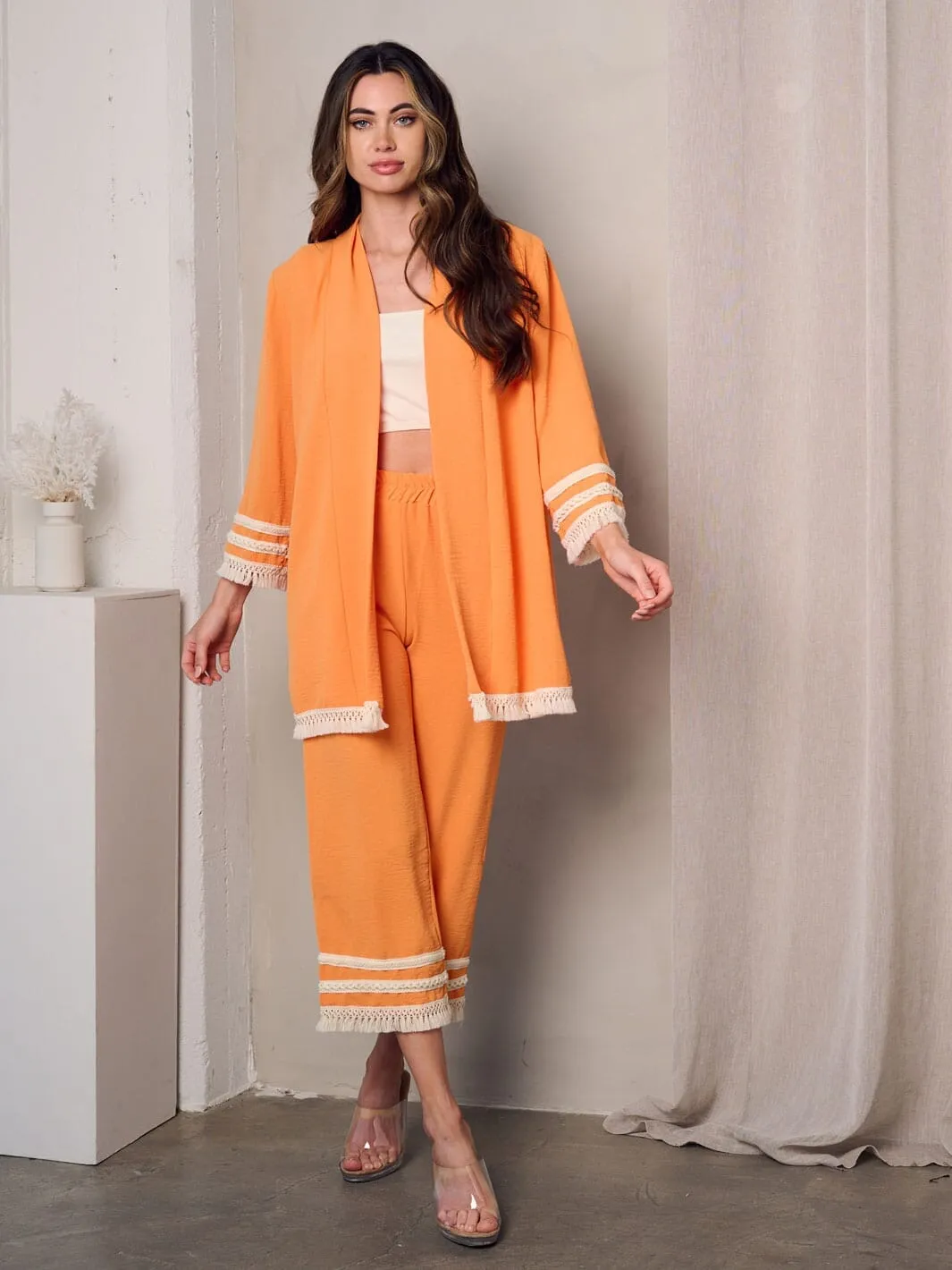 WOMEN'S 3/4 SLEEVES CARDIGAN & CROP PANTS TRIM DETAILED 2PC. SET