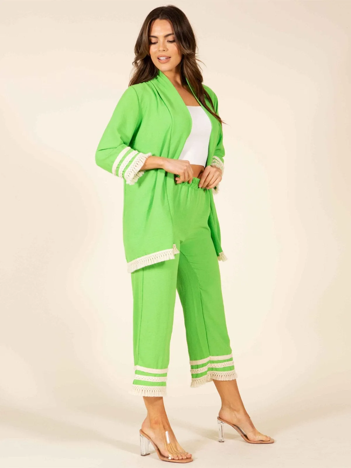 WOMEN'S 3/4 SLEEVES CARDIGAN & CROP PANTS TRIM DETAILED 2PC. SET