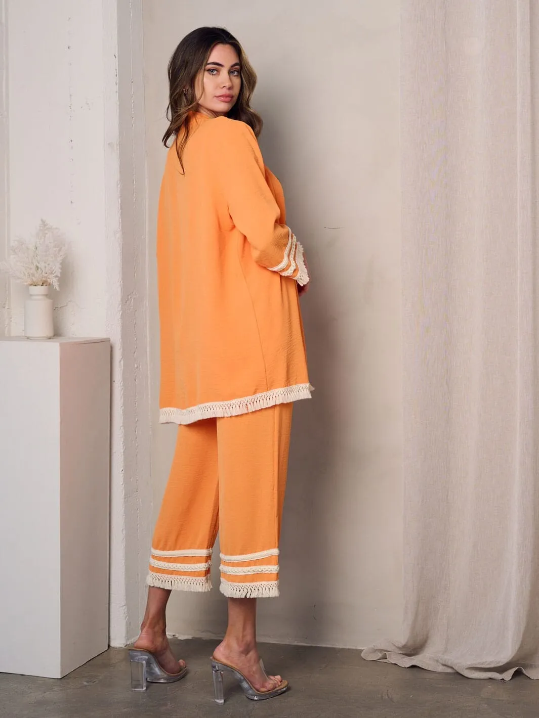 WOMEN'S 3/4 SLEEVES CARDIGAN & CROP PANTS TRIM DETAILED 2PC. SET