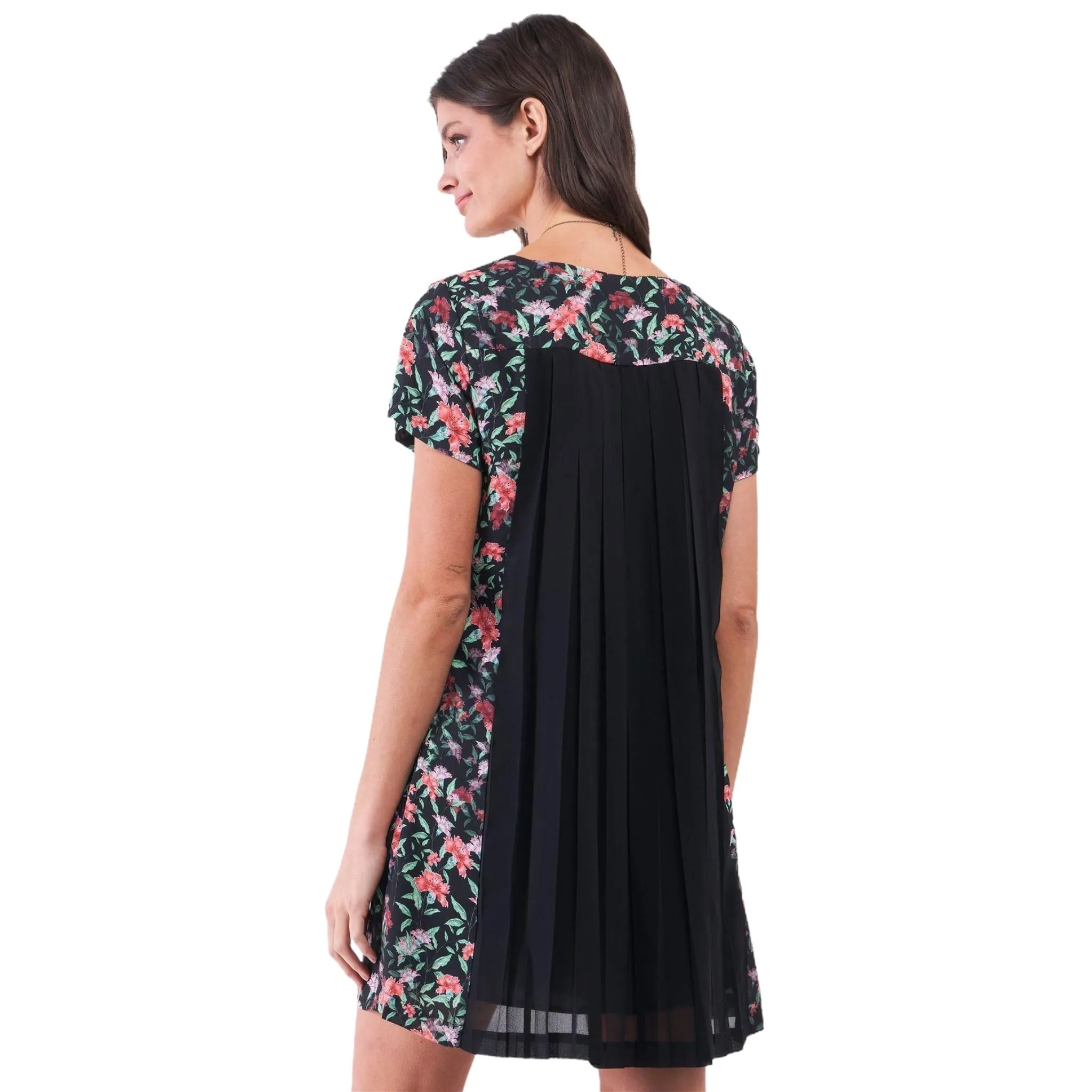 Women's Black Floral Pleated Mini Dress