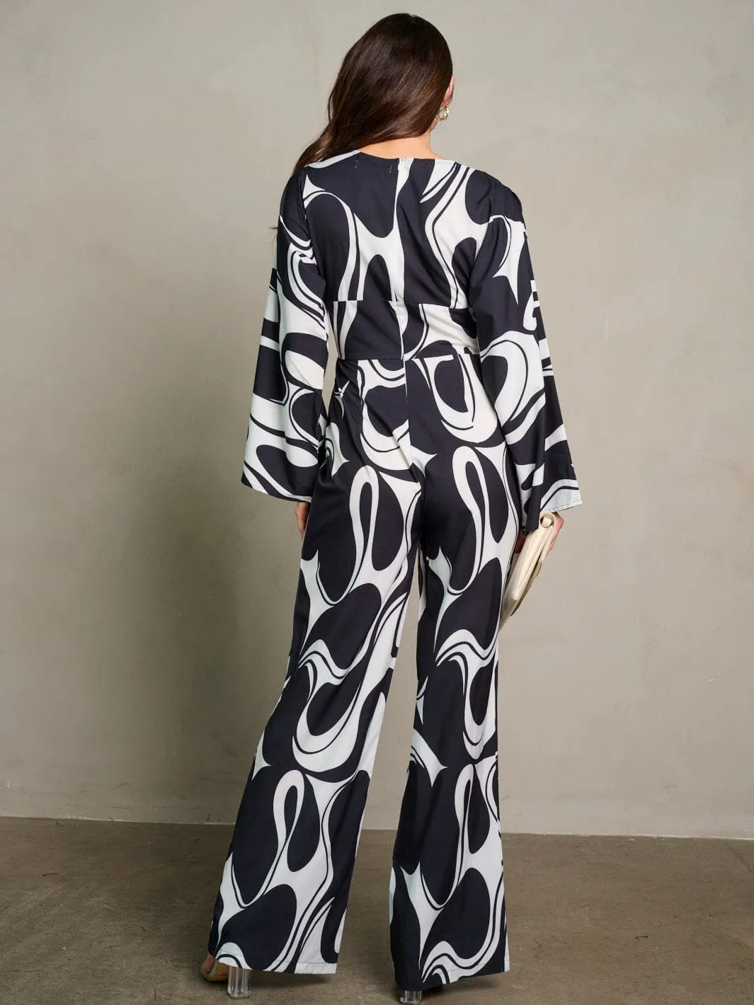 WOMEN'S LONG PUFF SLEEVE SURPLICE PRINTED WIDE LEG JUMPSUIT