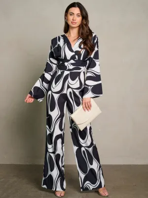 WOMEN'S LONG PUFF SLEEVE SURPLICE PRINTED WIDE LEG JUMPSUIT