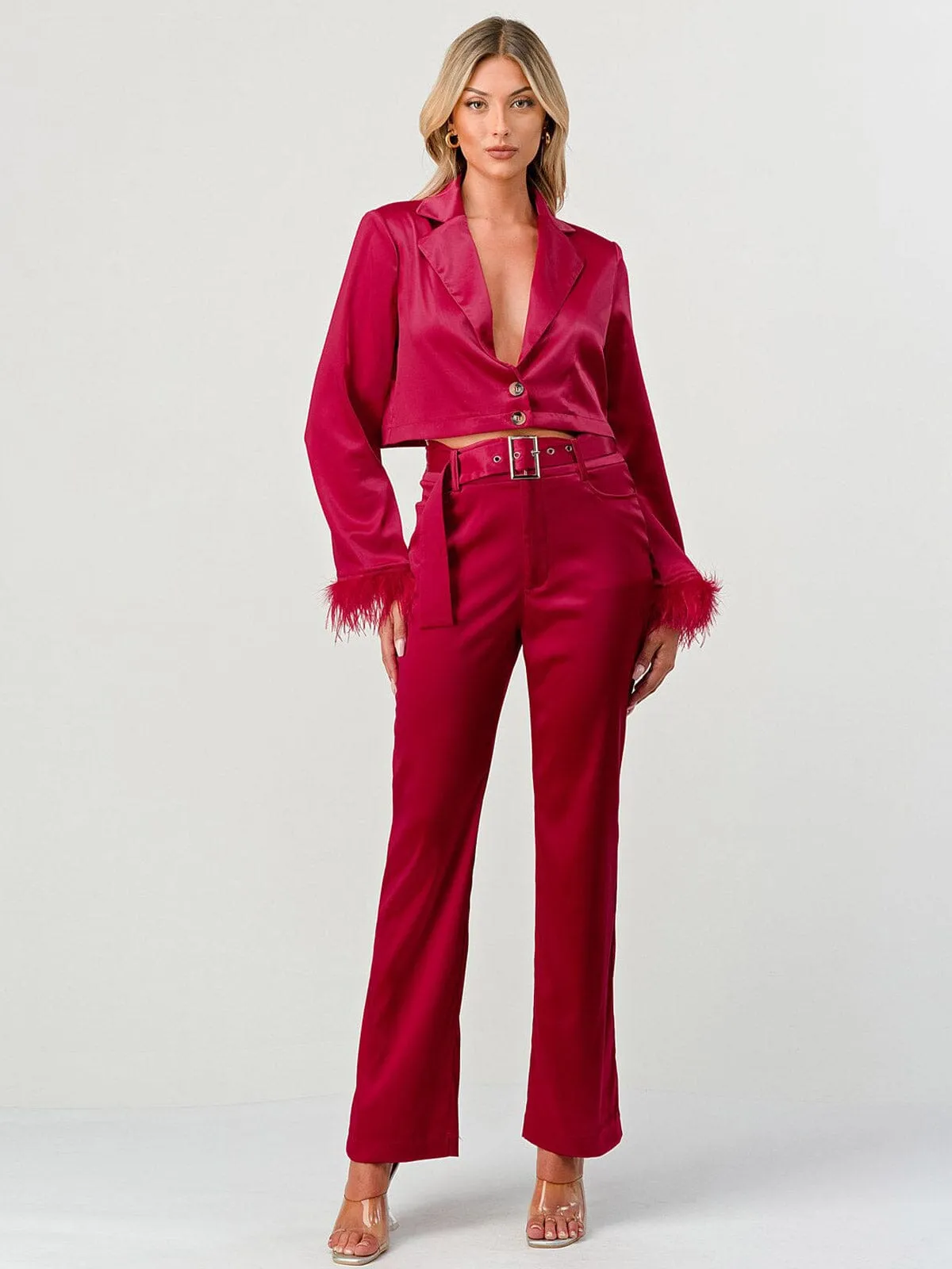 WOMEN'S LONG SLEEVE BLAZER & FEATHER DETAILED PANTS 2PC. SET
