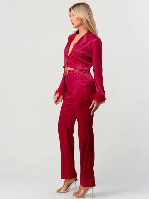 WOMEN'S LONG SLEEVE BLAZER & FEATHER DETAILED PANTS 2PC. SET