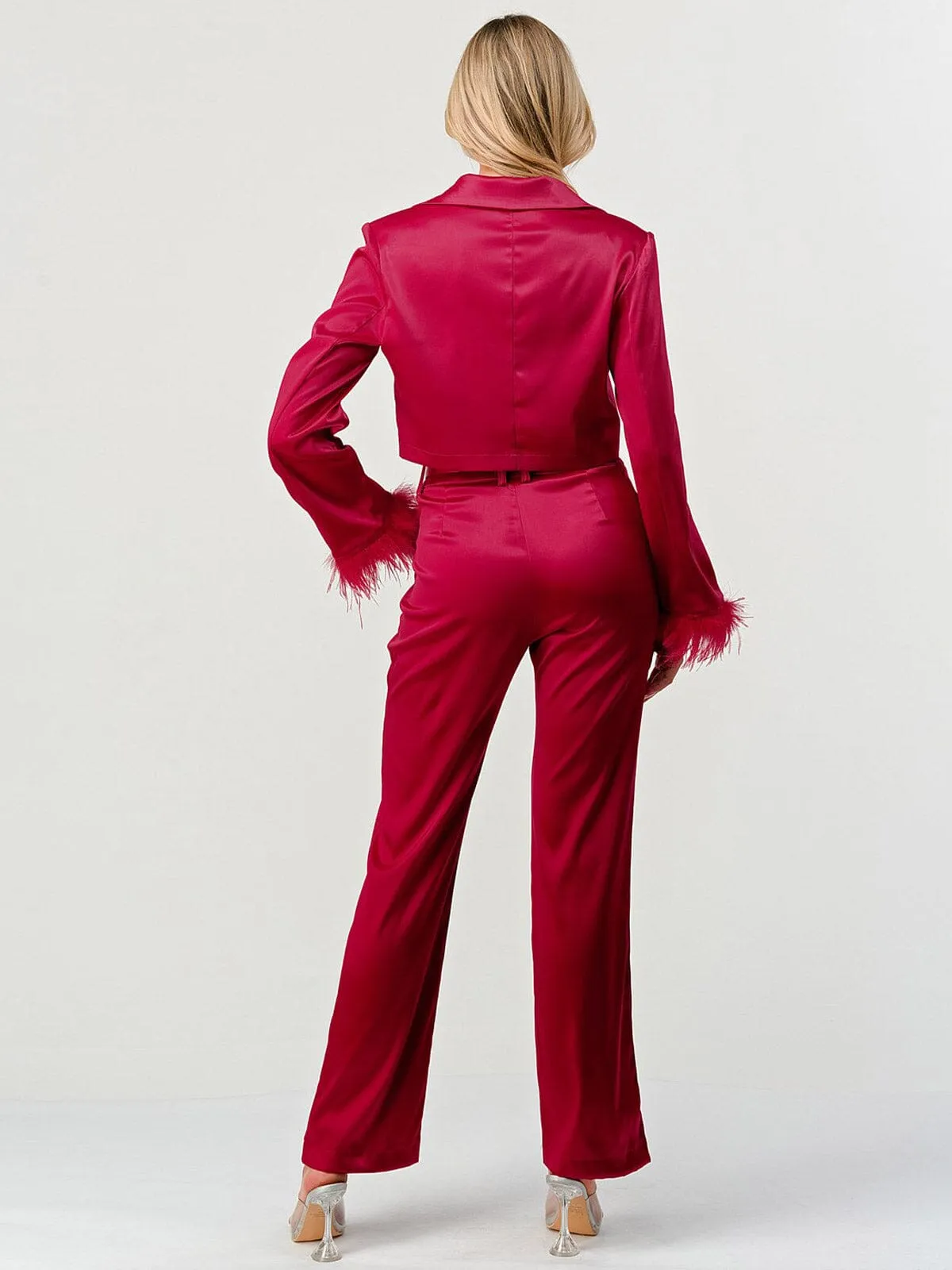 WOMEN'S LONG SLEEVE BLAZER & FEATHER DETAILED PANTS 2PC. SET