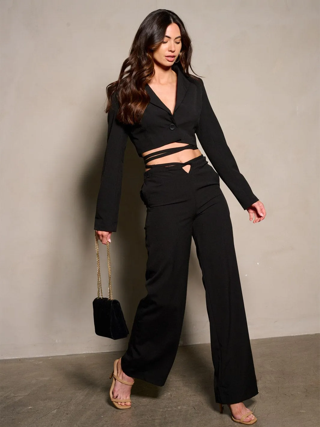 WOMEN'S LONG SLEEVE BLAZER & WIDE LEG PANTS 2PCS SET