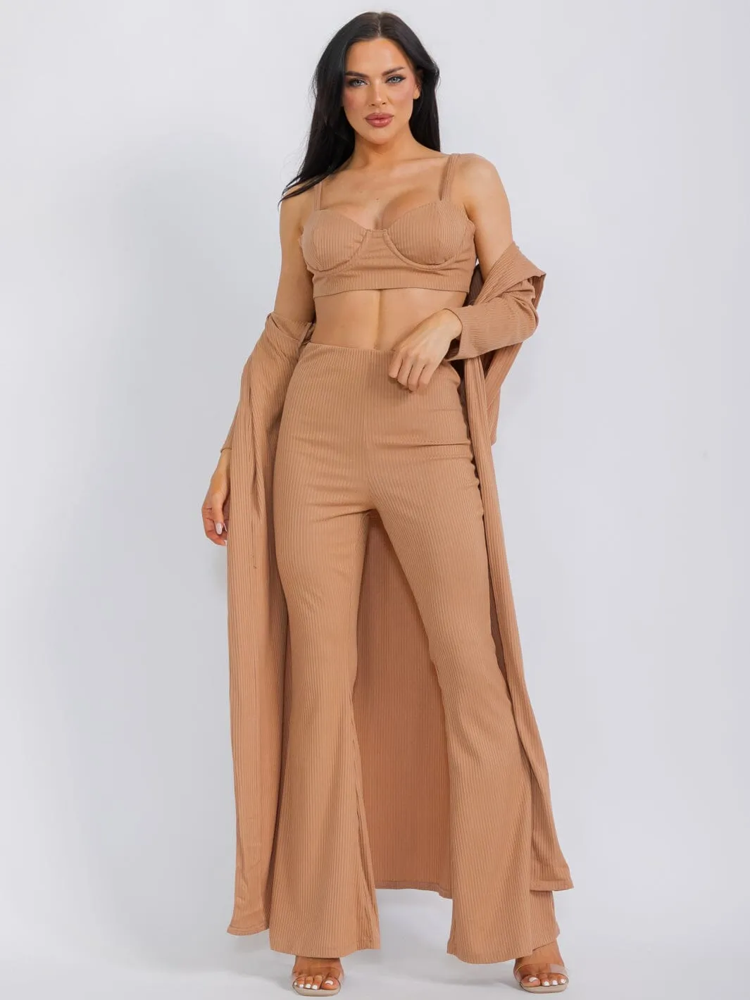 WOMEN'S LONG SLEEVE CARDIGAN WITH BRALETTE & WIDE LEG PANTS RIBBED 3PC. SET
