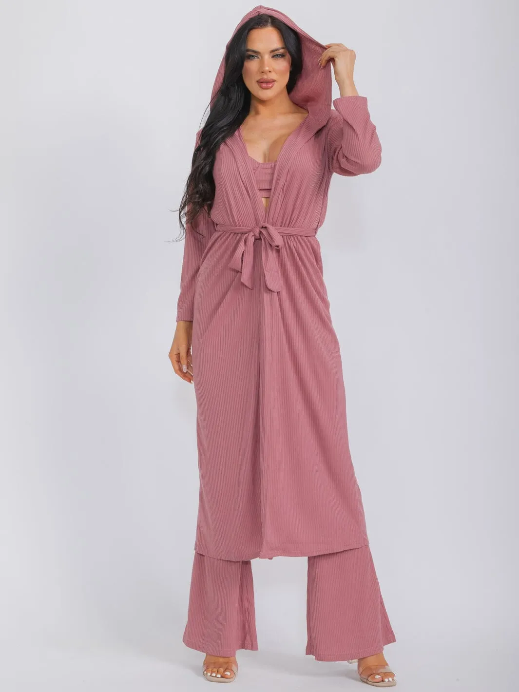 WOMEN'S LONG SLEEVE CARDIGAN WITH BRALETTE & WIDE LEG PANTS RIBBED 3PC. SET
