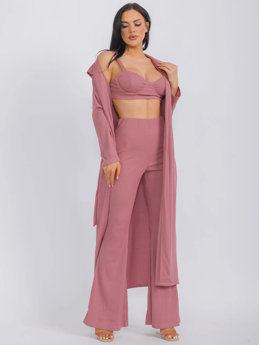 WOMEN'S LONG SLEEVE CARDIGAN WITH BRALETTE & WIDE LEG PANTS RIBBED 3PC. SET