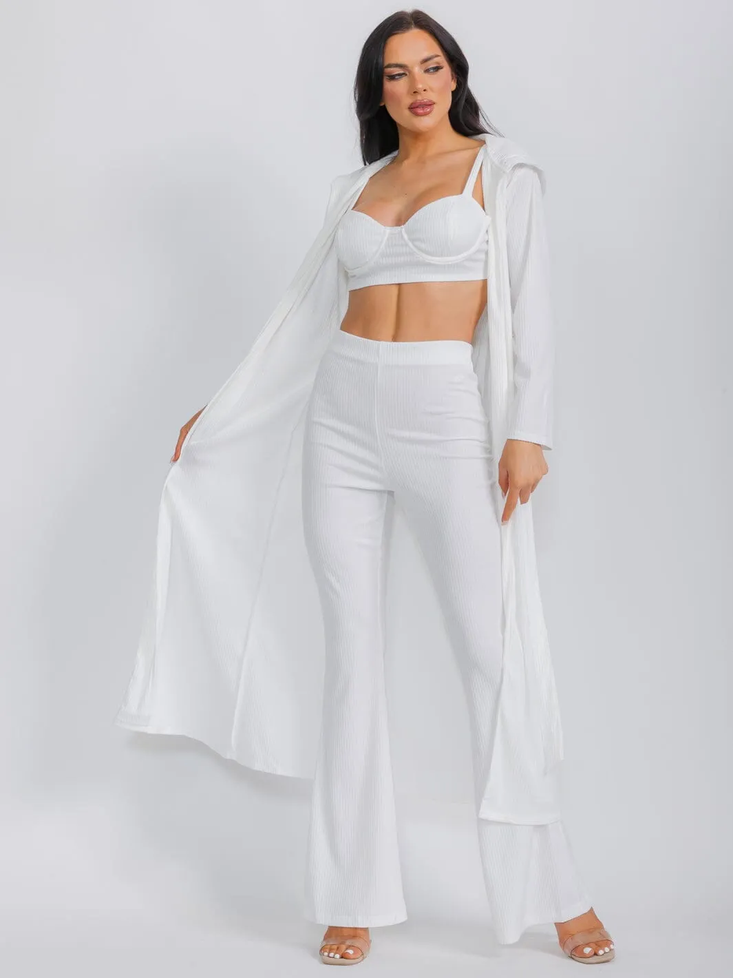 WOMEN'S LONG SLEEVE CARDIGAN WITH BRALETTE & WIDE LEG PANTS RIBBED 3PC. SET