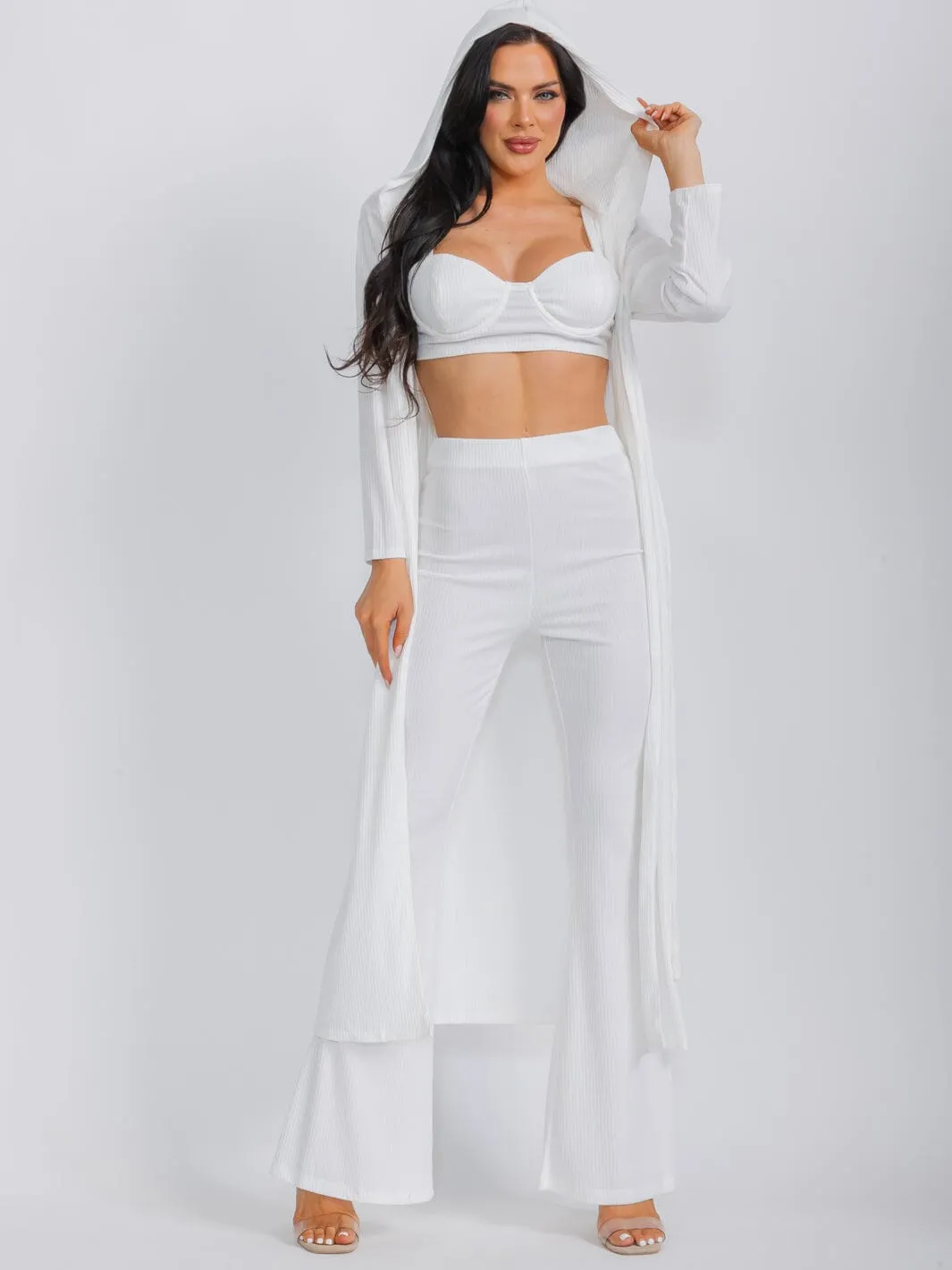WOMEN'S LONG SLEEVE CARDIGAN WITH BRALETTE & WIDE LEG PANTS RIBBED 3PC. SET