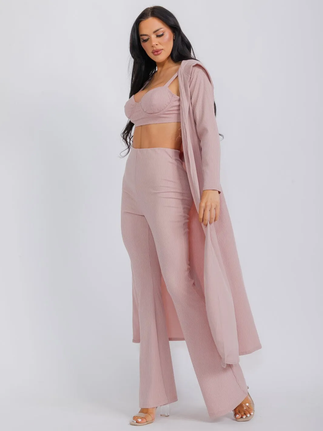 WOMEN'S LONG SLEEVE CARDIGAN WITH BRALETTE & WIDE LEG PANTS RIBBED 3PC. SET