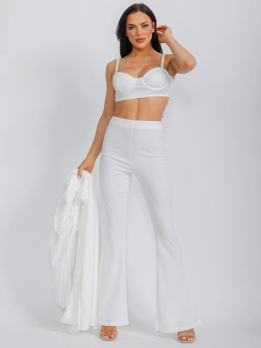WOMEN'S LONG SLEEVE CARDIGAN WITH BRALETTE & WIDE LEG PANTS RIBBED 3PC. SET
