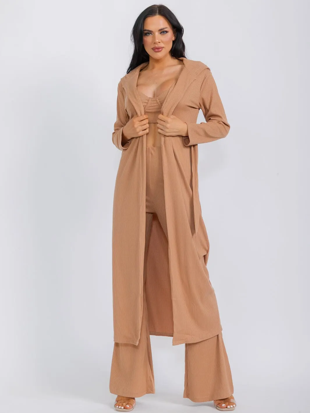 WOMEN'S LONG SLEEVE CARDIGAN WITH BRALETTE & WIDE LEG PANTS RIBBED 3PC. SET
