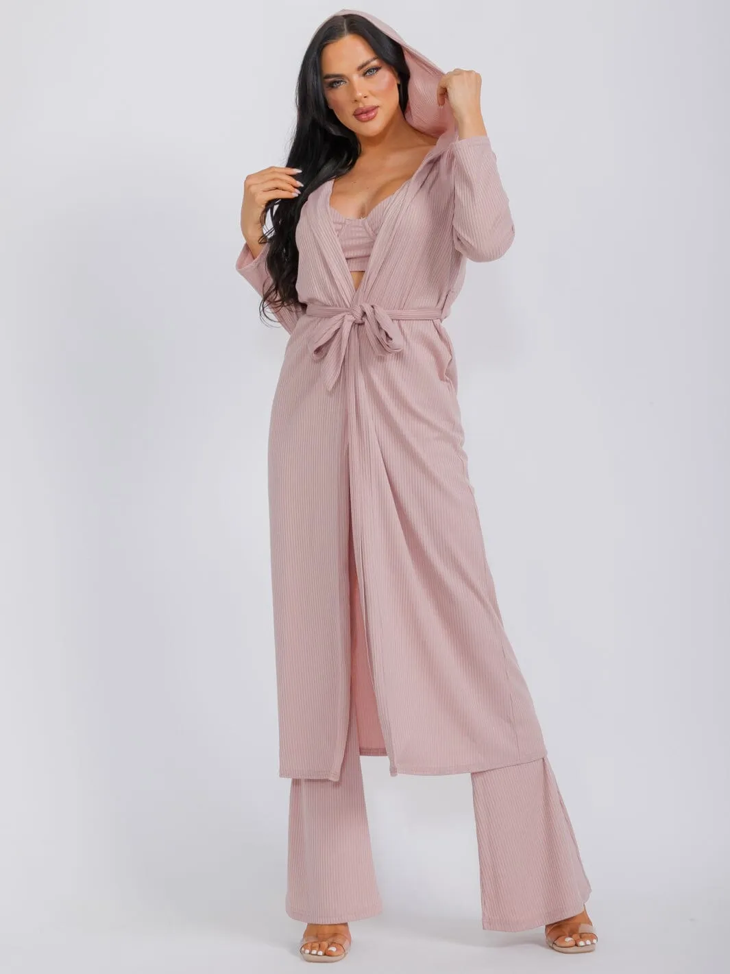 WOMEN'S LONG SLEEVE CARDIGAN WITH BRALETTE & WIDE LEG PANTS RIBBED 3PC. SET