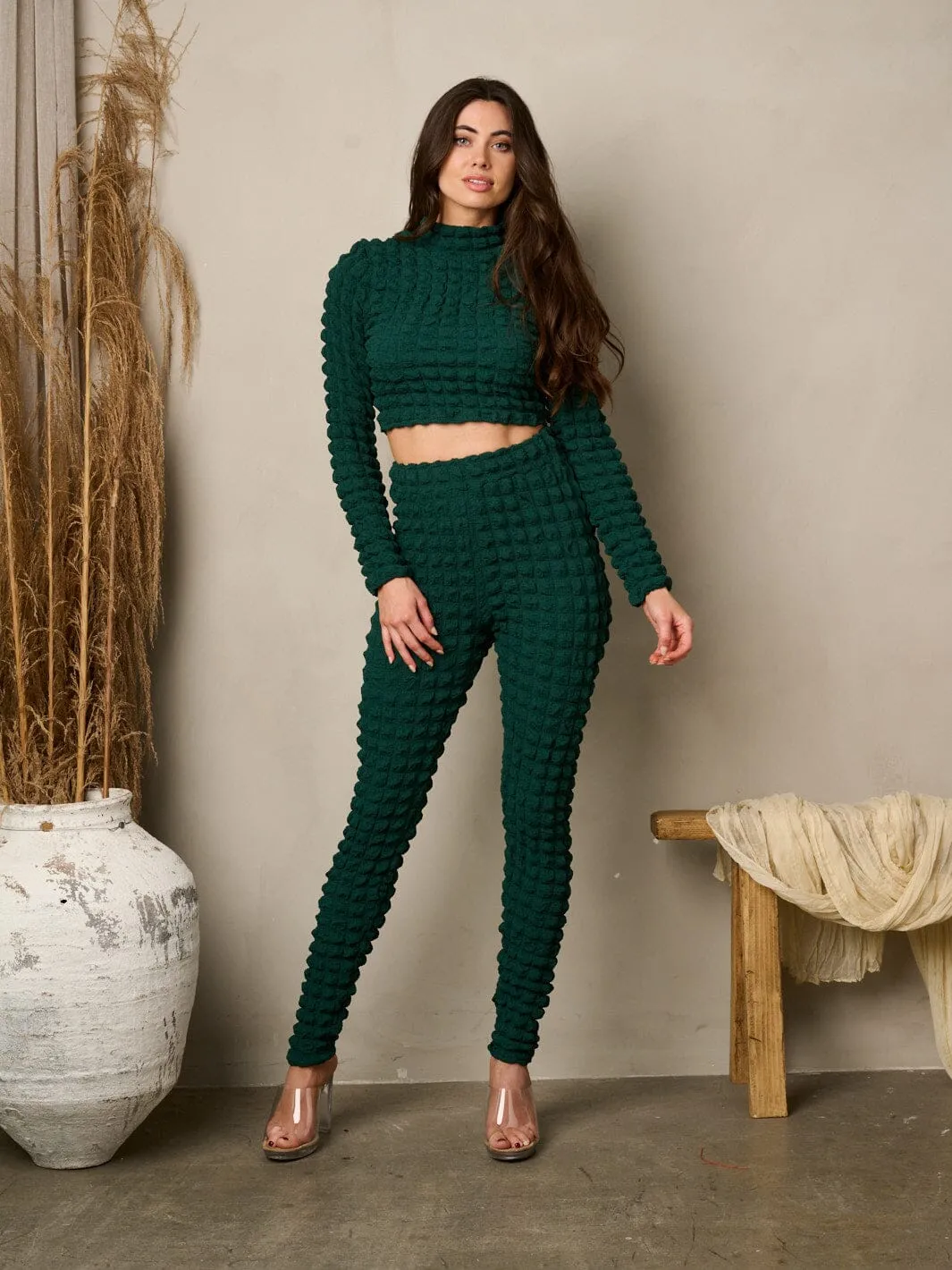 WOMEN'S LONG SLEEVE CROP TOP & PANTS DETAILED SET