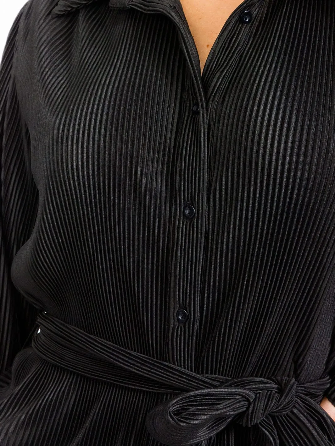 WOMEN'S LONG SLEEVE SELF TIE BUTTON UP PLEATED MINI DRESS