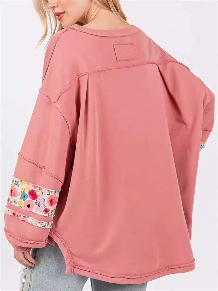 Women's Oversized Crew Neck Floral Patch Sweatshirt
