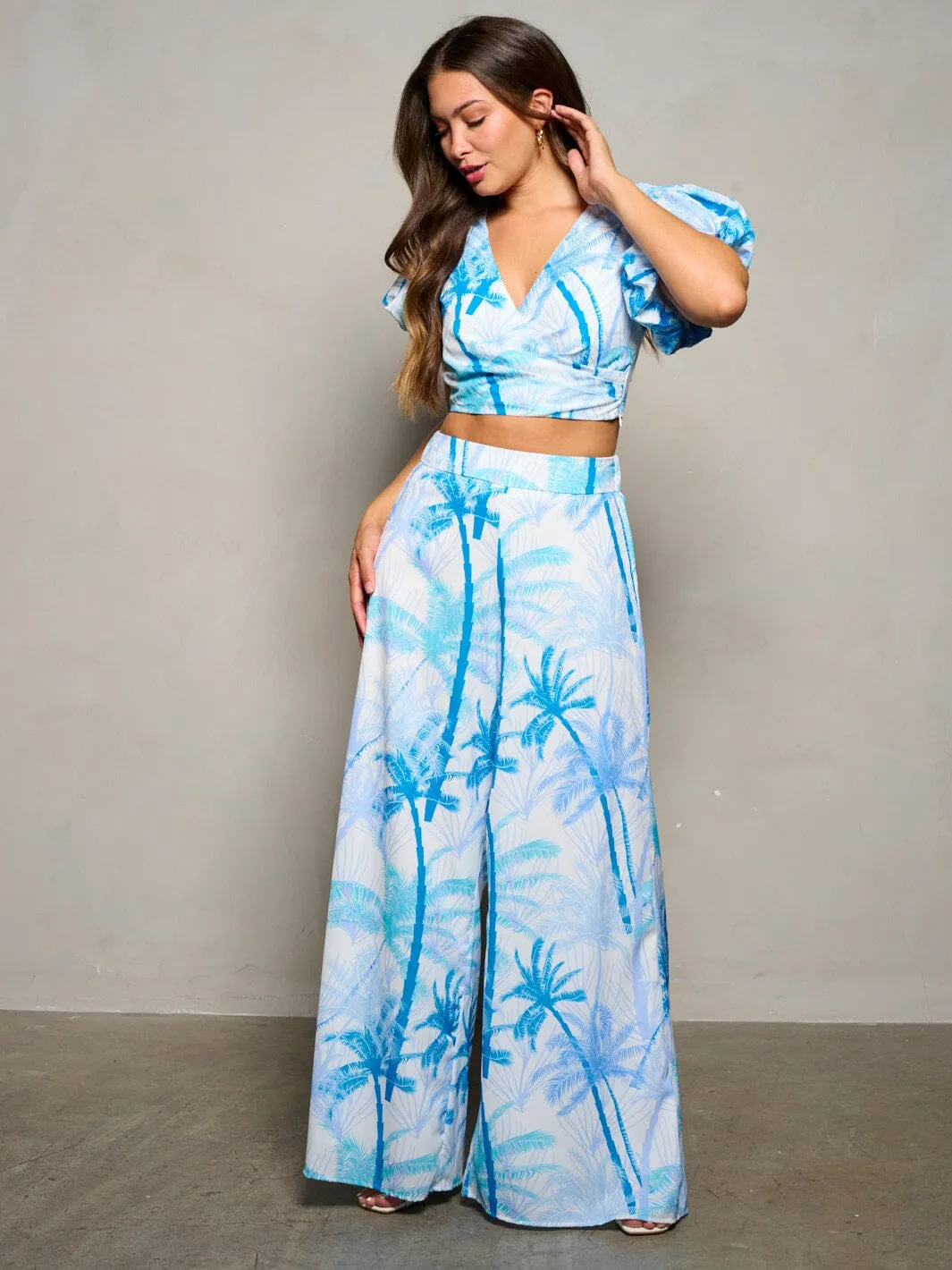 WOMEN'S SHORT PUFF SLEEVE CROP TOP & WIDE LEG PANTS PRINTED 2PC. SET
