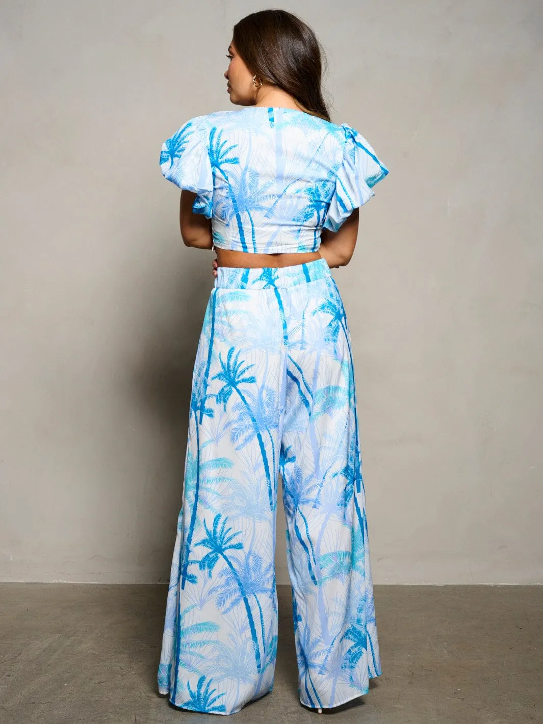 WOMEN'S SHORT PUFF SLEEVE CROP TOP & WIDE LEG PANTS PRINTED 2PC. SET
