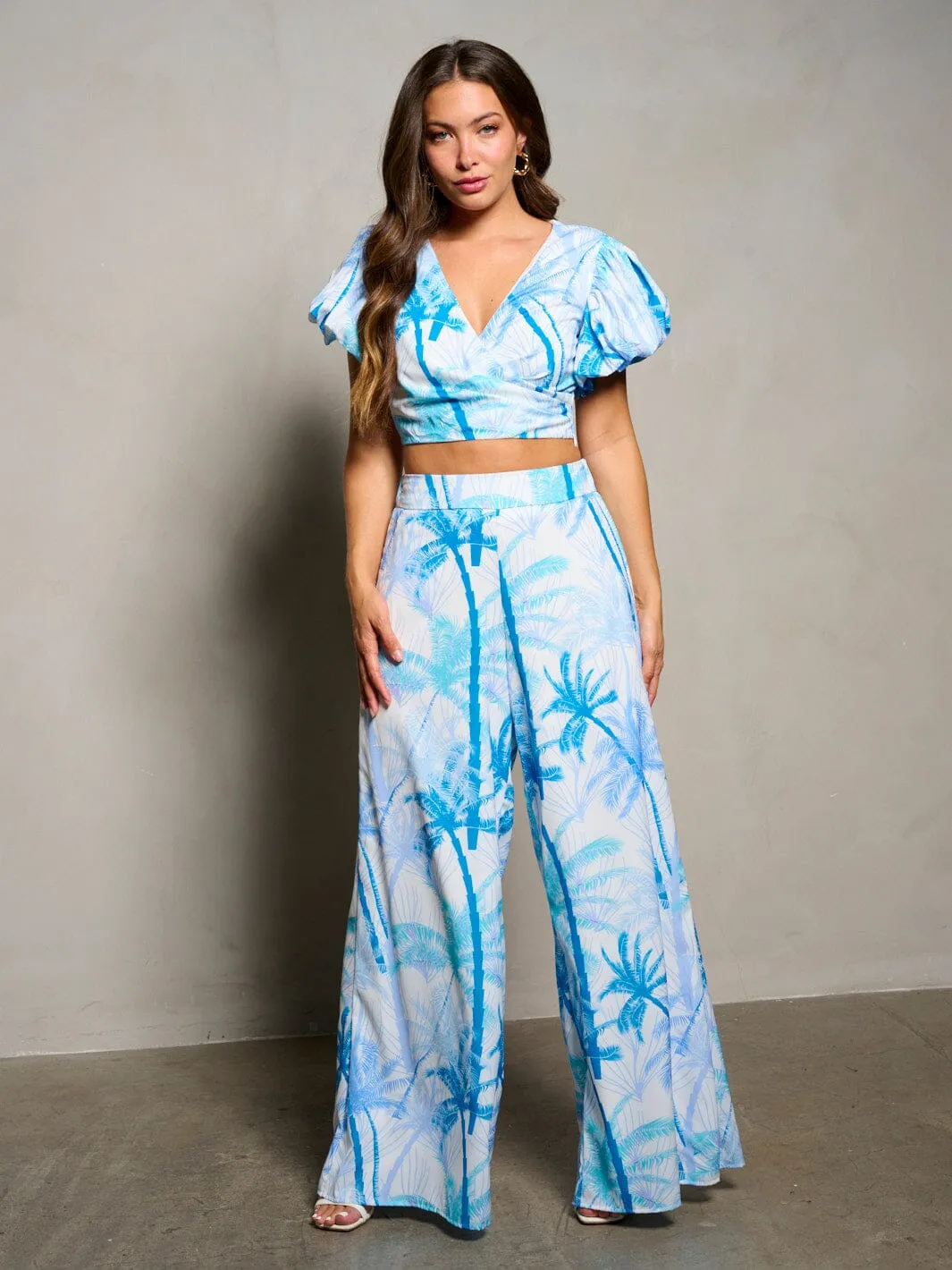 WOMEN'S SHORT PUFF SLEEVE CROP TOP & WIDE LEG PANTS PRINTED 2PC. SET