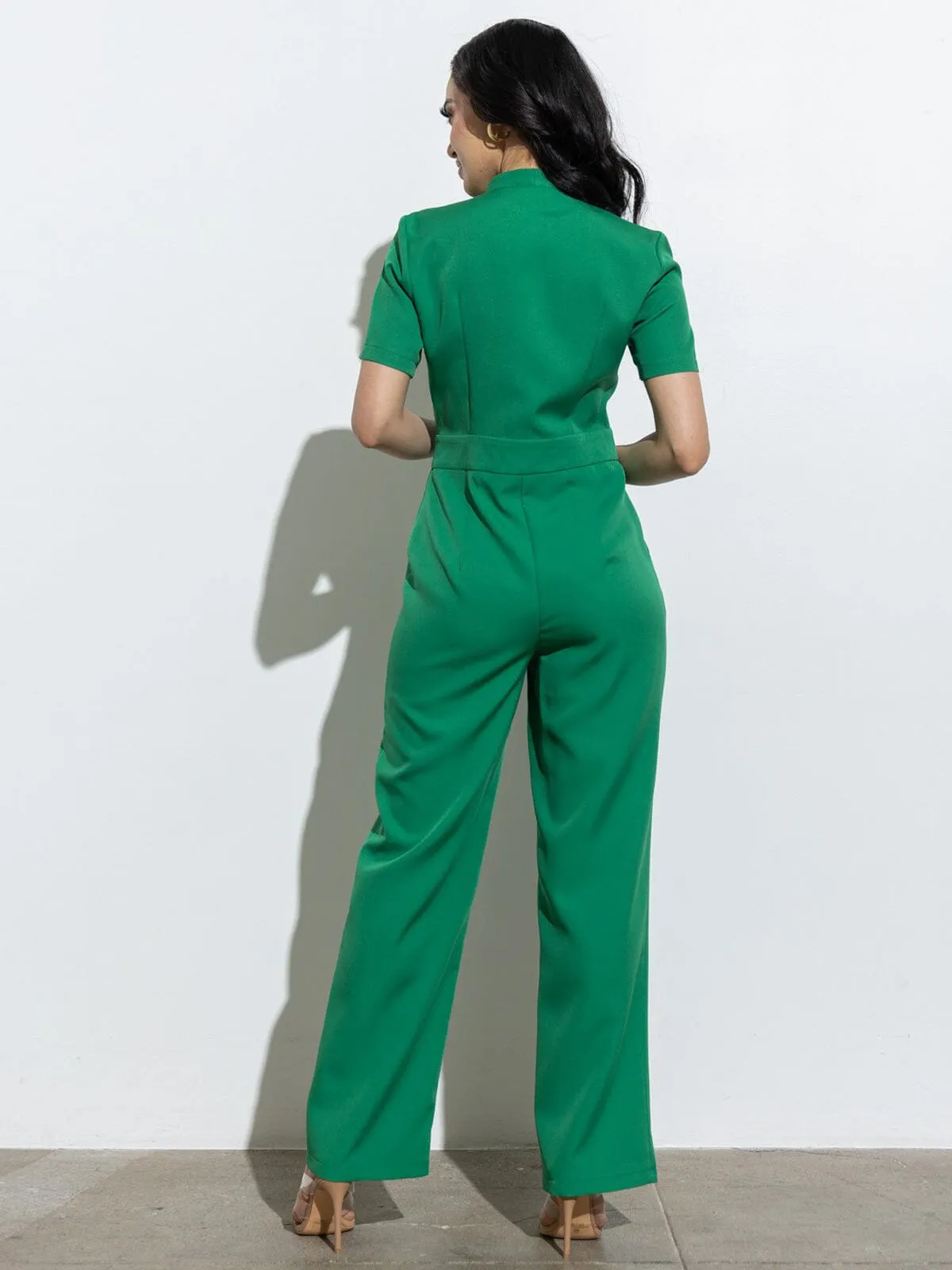 WOMEN'S SHORT SLEEVE BUTTON CLOSURE POCKETS WIDE LEG JUMPSUIT