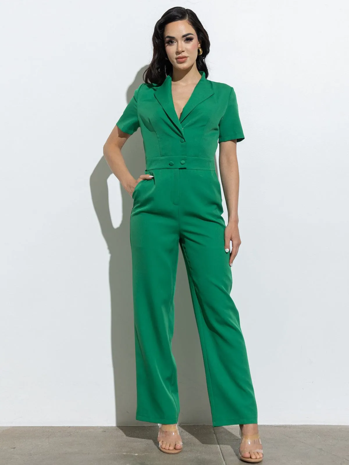 WOMEN'S SHORT SLEEVE BUTTON CLOSURE POCKETS WIDE LEG JUMPSUIT