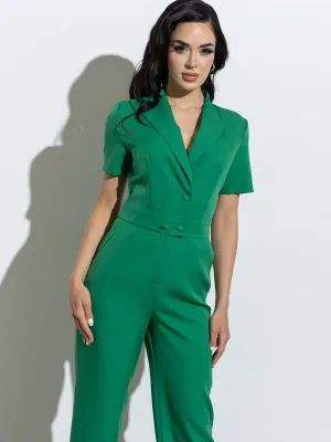 WOMEN'S SHORT SLEEVE BUTTON CLOSURE POCKETS WIDE LEG JUMPSUIT