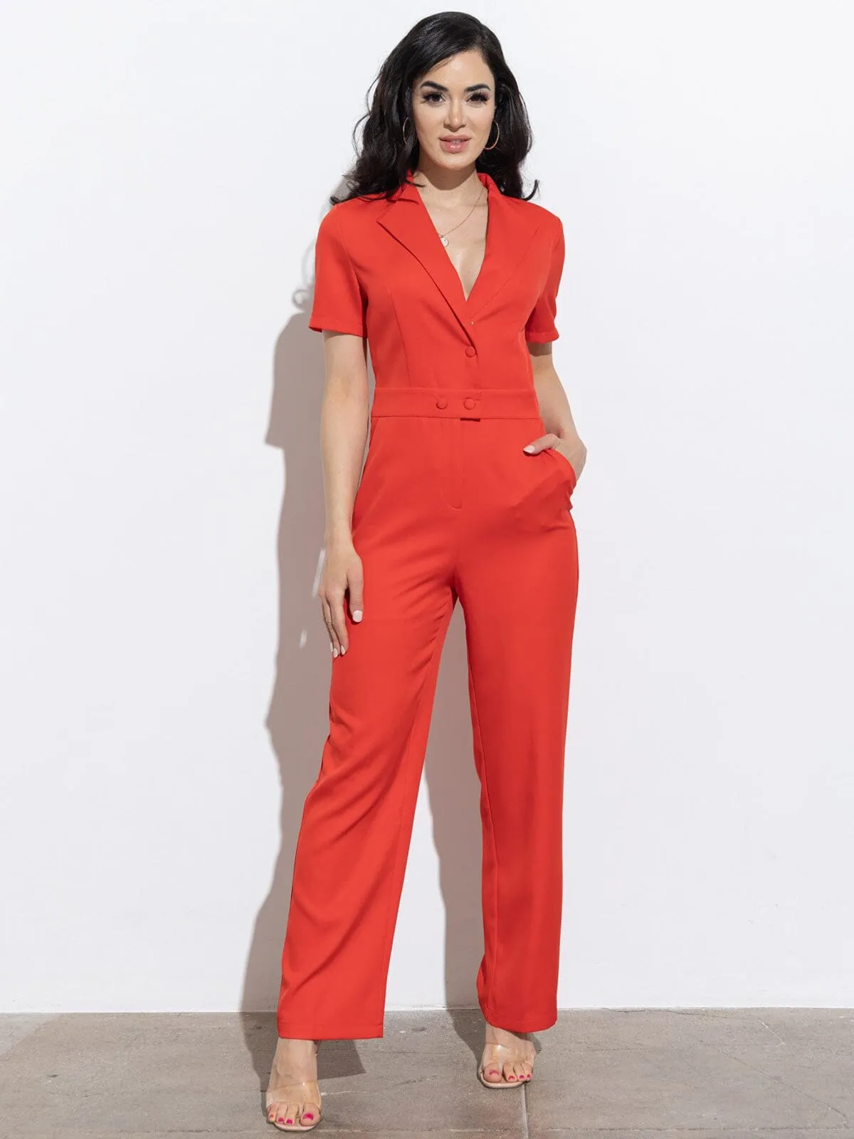 WOMEN'S SHORT SLEEVE BUTTON CLOSURE POCKETS WIDE LEG JUMPSUIT