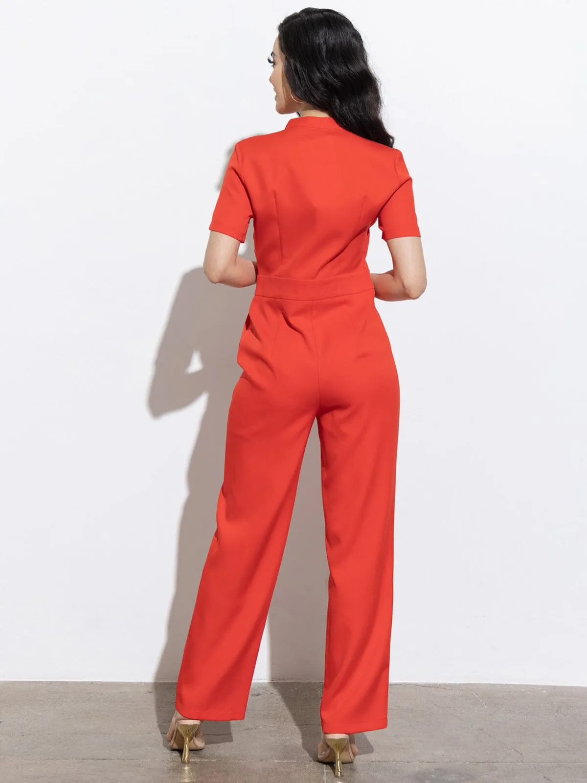 WOMEN'S SHORT SLEEVE BUTTON CLOSURE POCKETS WIDE LEG JUMPSUIT