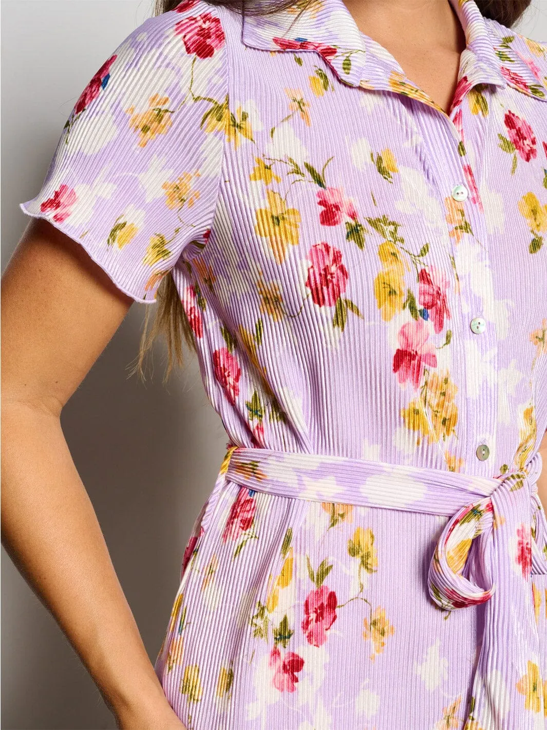 WOMEN'S SHORT SLEEVE BUTTON UP PLEATED FLORAL MINI DRESS