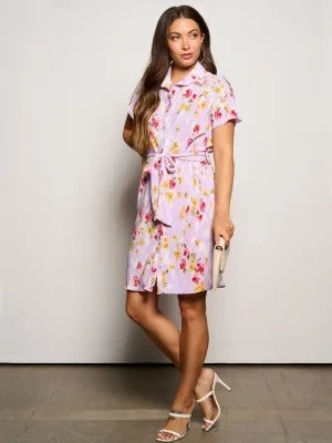 WOMEN'S SHORT SLEEVE BUTTON UP PLEATED FLORAL MINI DRESS