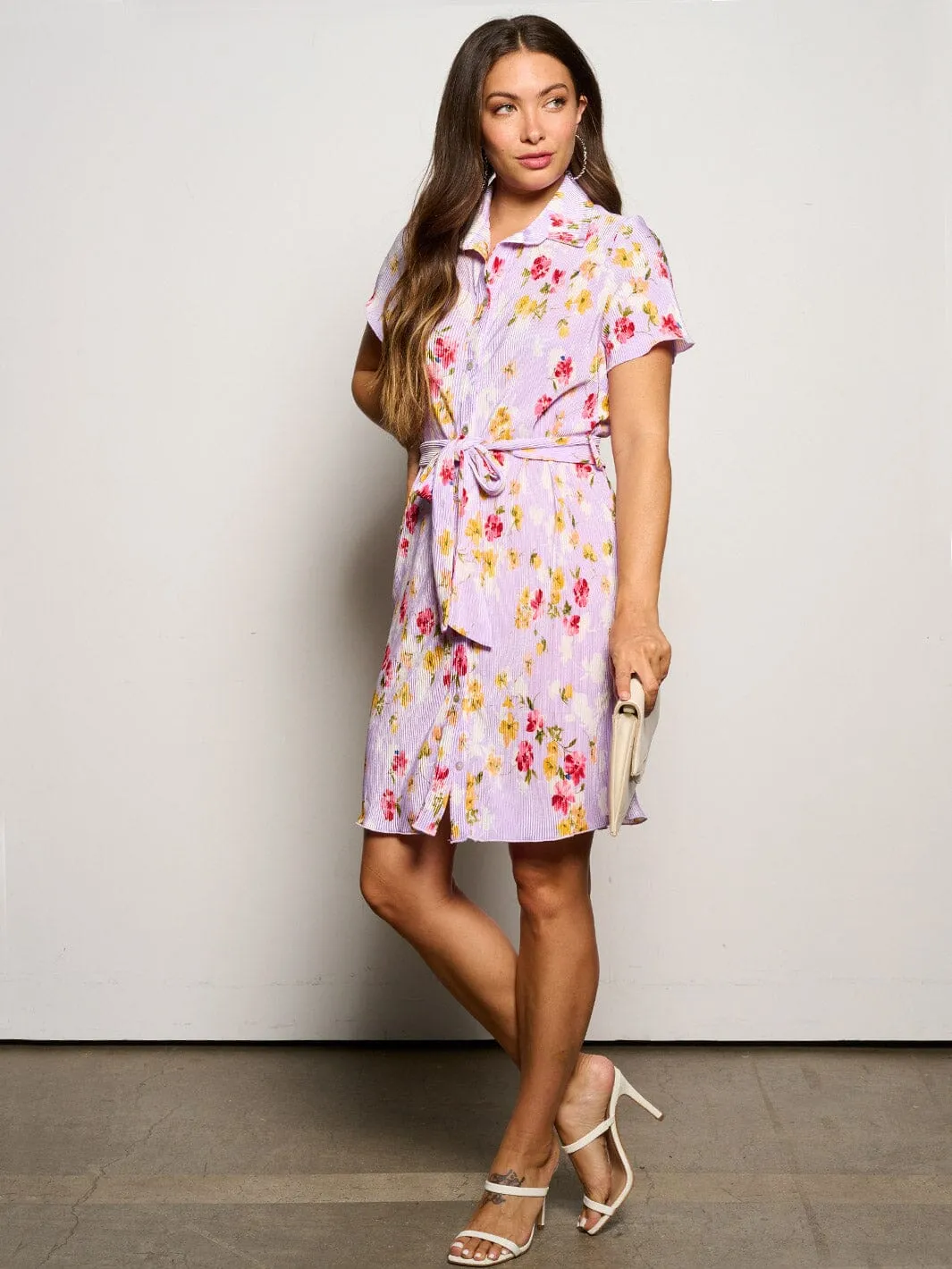 WOMEN'S SHORT SLEEVE BUTTON UP PLEATED FLORAL MINI DRESS