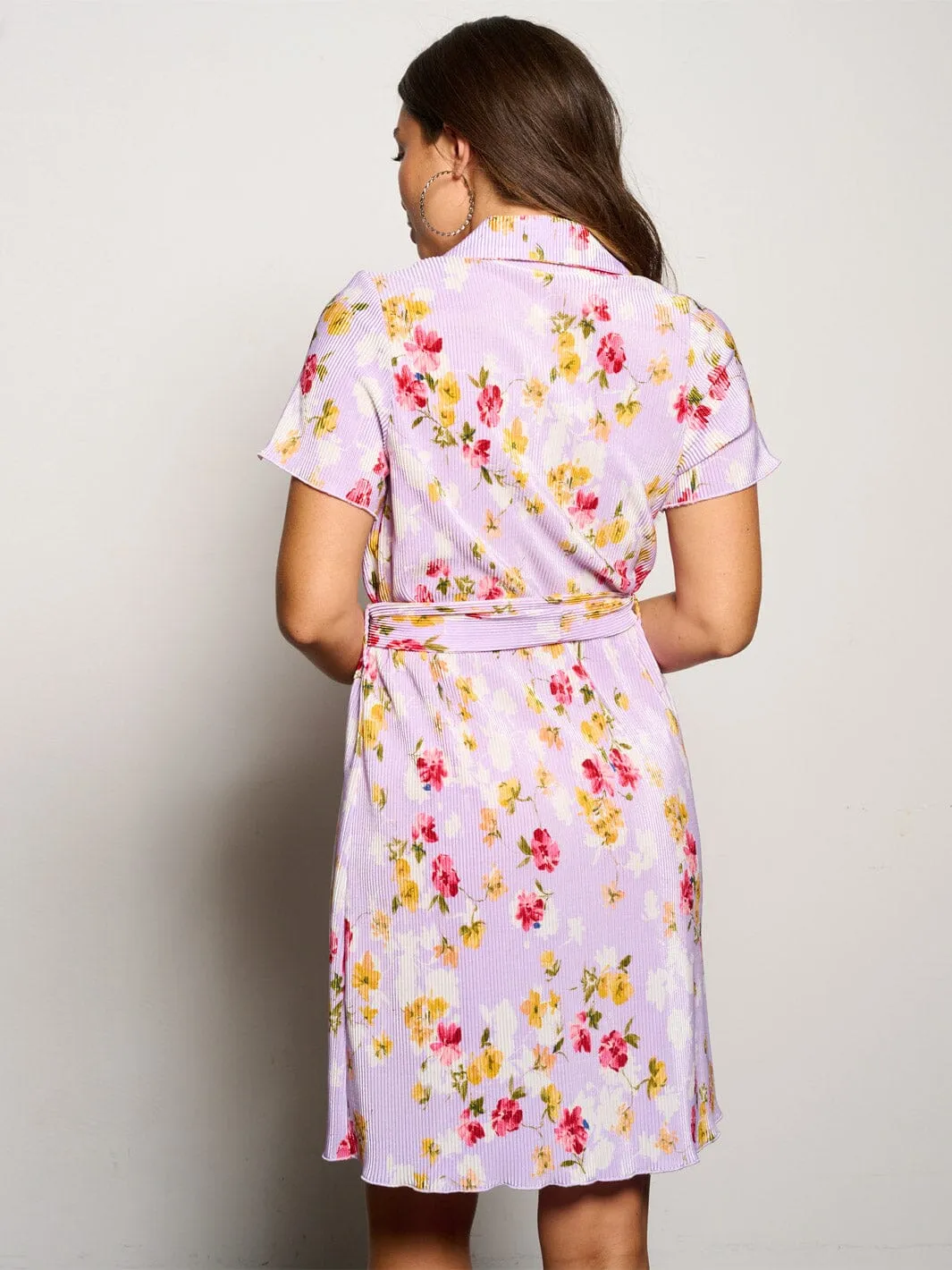 WOMEN'S SHORT SLEEVE BUTTON UP PLEATED FLORAL MINI DRESS