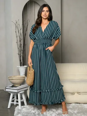 WOMEN'S SHORT SLEEVE SURPLICE SMOCK WAIST STRIPES JUMPSUIT