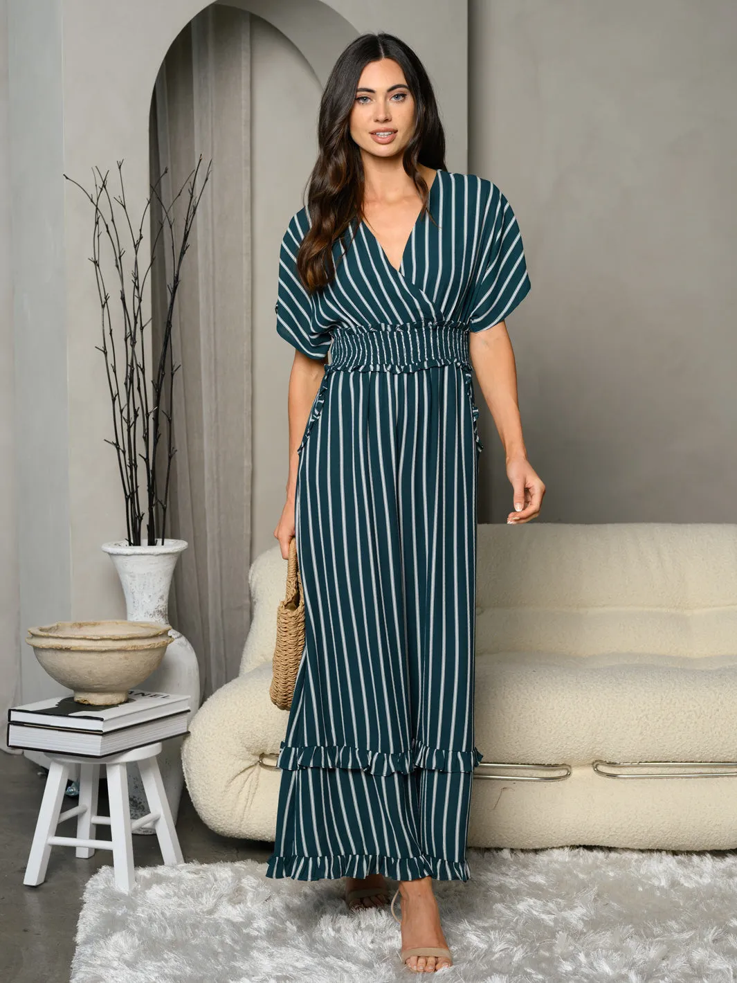 WOMEN'S SHORT SLEEVE SURPLICE SMOCK WAIST STRIPES JUMPSUIT