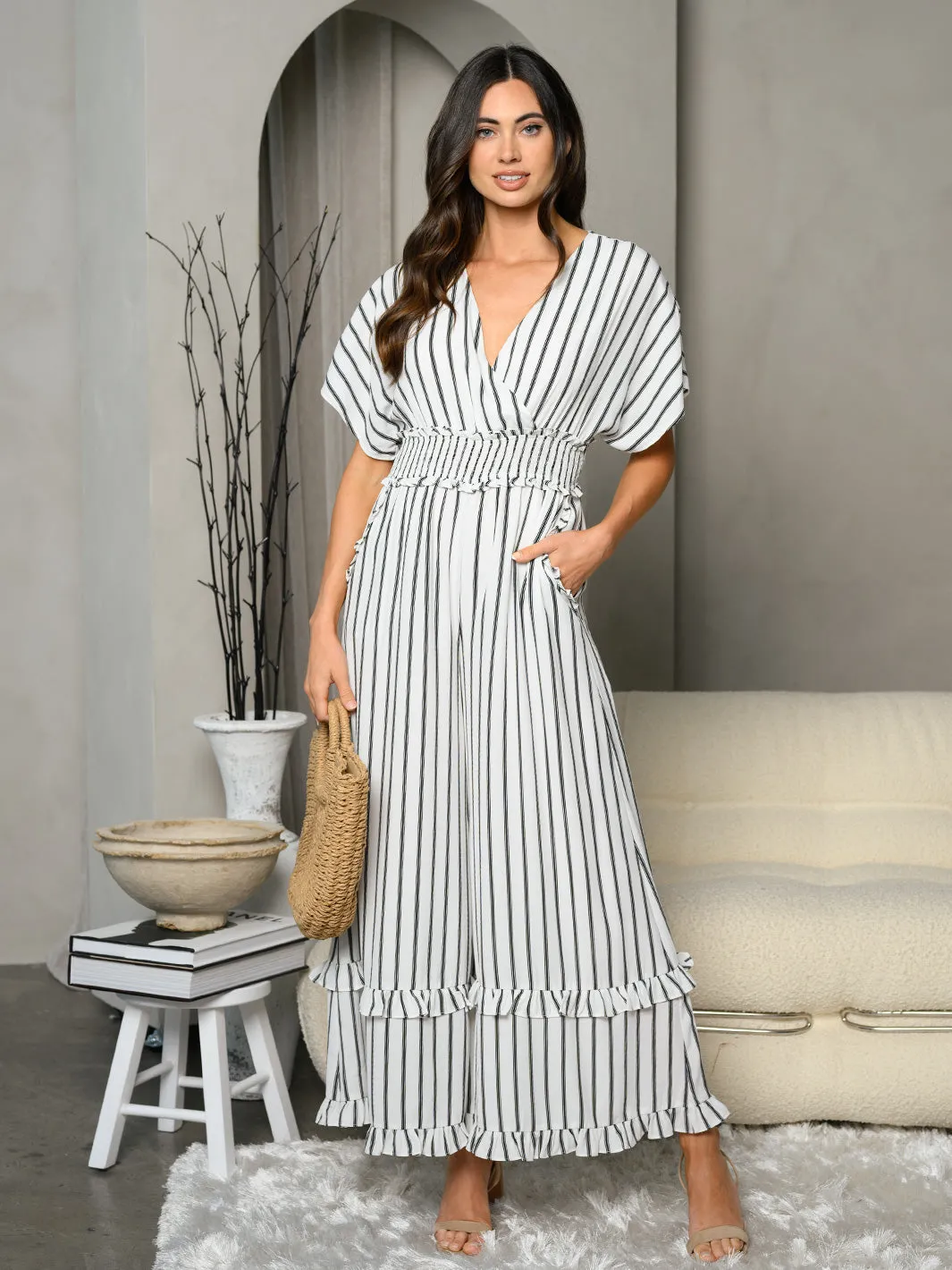 WOMEN'S SHORT SLEEVE SURPLICE SMOCK WAIST STRIPES JUMPSUIT
