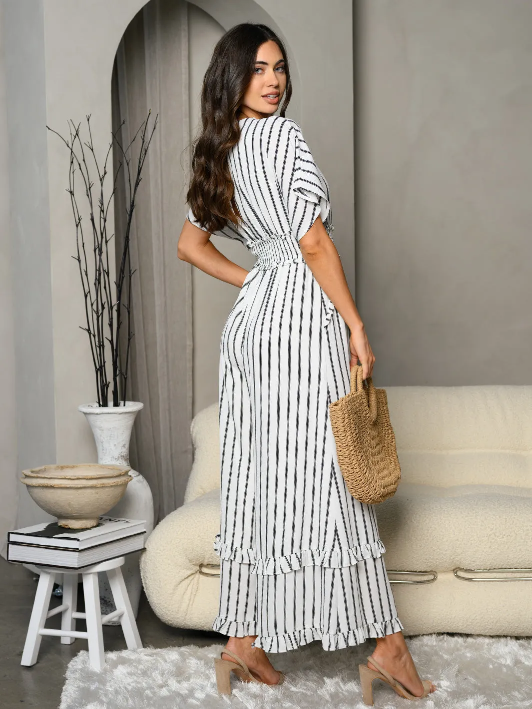 WOMEN'S SHORT SLEEVE SURPLICE SMOCK WAIST STRIPES JUMPSUIT