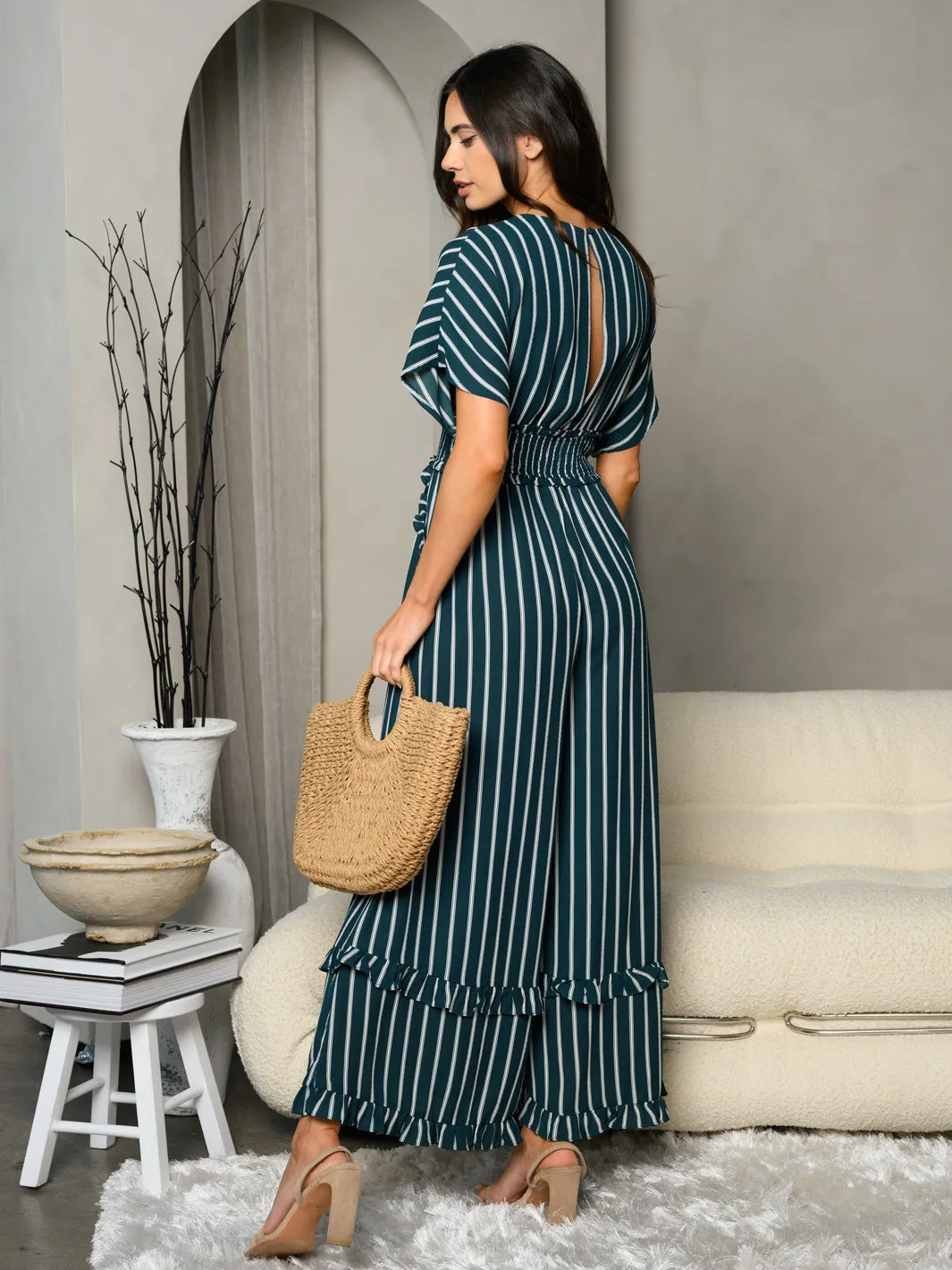 WOMEN'S SHORT SLEEVE SURPLICE SMOCK WAIST STRIPES JUMPSUIT