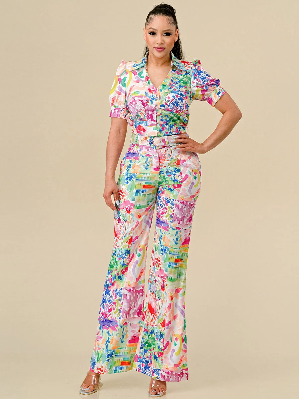 WOMEN'S SHORT SLEEVE TOP & BELTED PANTS FLORAL PRINT 2PC. SET
