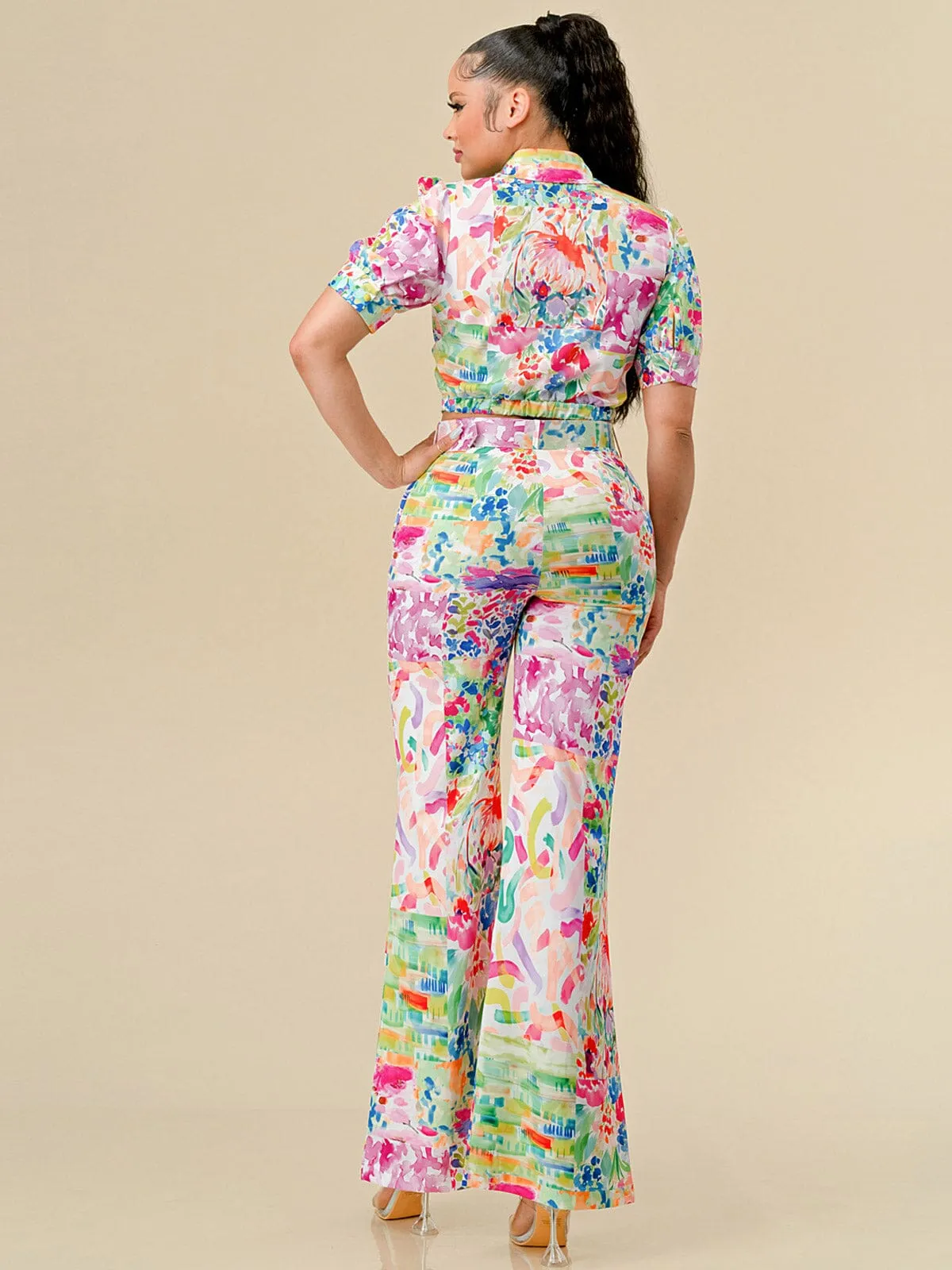 WOMEN'S SHORT SLEEVE TOP & BELTED PANTS FLORAL PRINT 2PC. SET