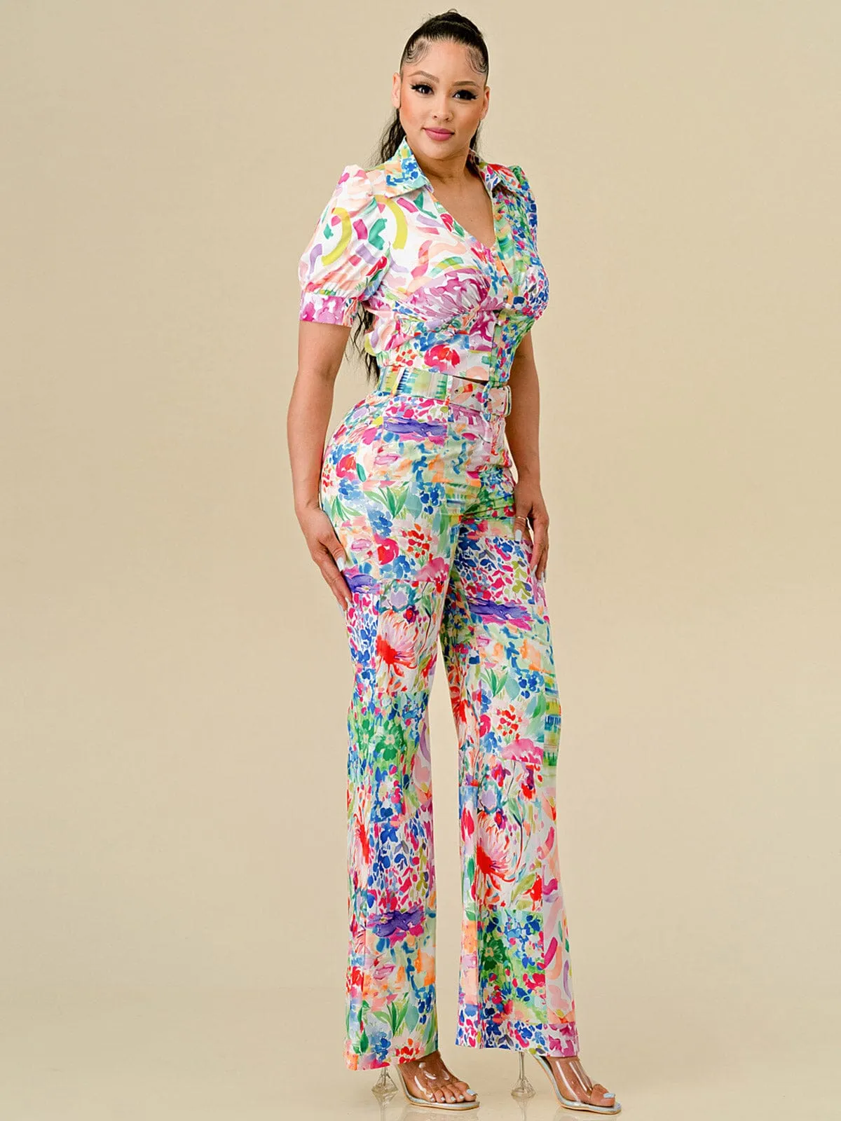 WOMEN'S SHORT SLEEVE TOP & BELTED PANTS FLORAL PRINT 2PC. SET