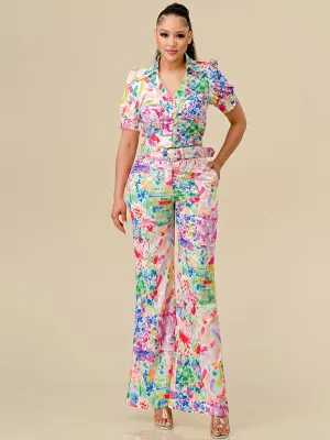 WOMEN'S SHORT SLEEVE TOP & BELTED PANTS FLORAL PRINT 2PC. SET