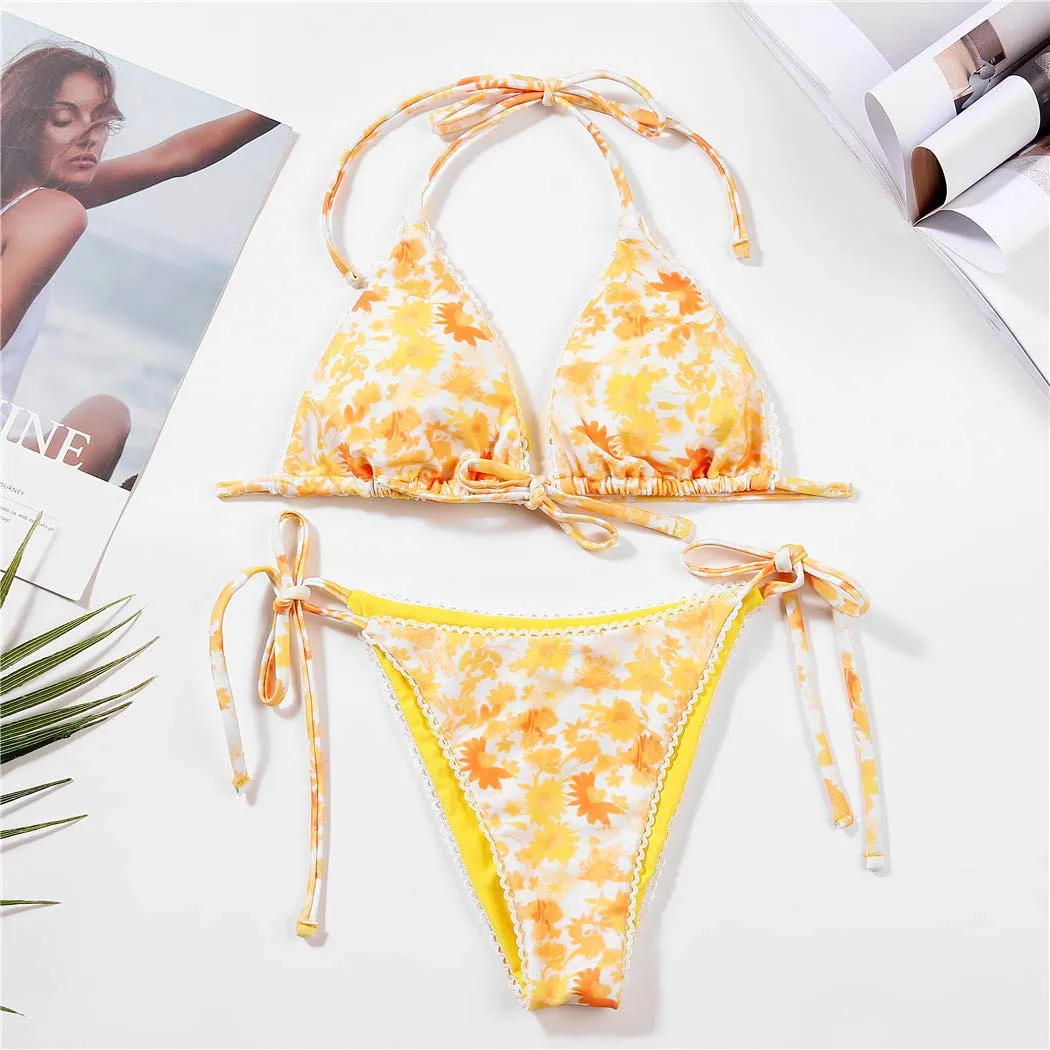 Women's Two Piece Bikini Swimsuit Set Floral Padded Top Tie Side Triangle Thong Bathing Suit Yellow