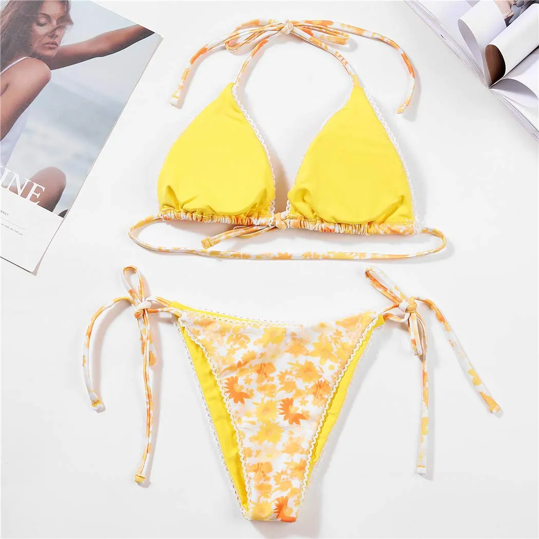 Women's Two Piece Bikini Swimsuit Set Floral Padded Top Tie Side Triangle Thong Bathing Suit Yellow
