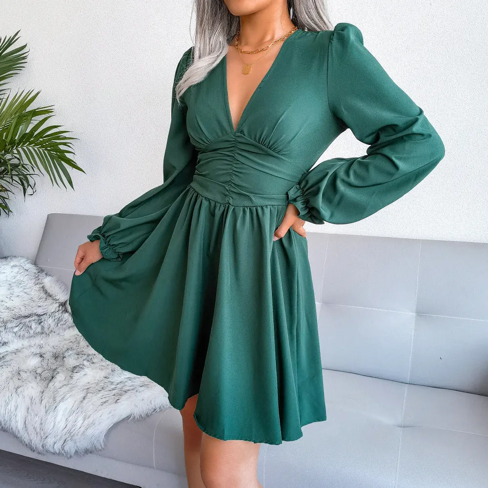 Women's V-Neck Long Sleeved Flowy Midi Dress
