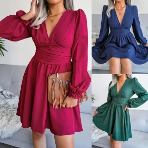 Women's V-Neck Long Sleeved Flowy Midi Dress