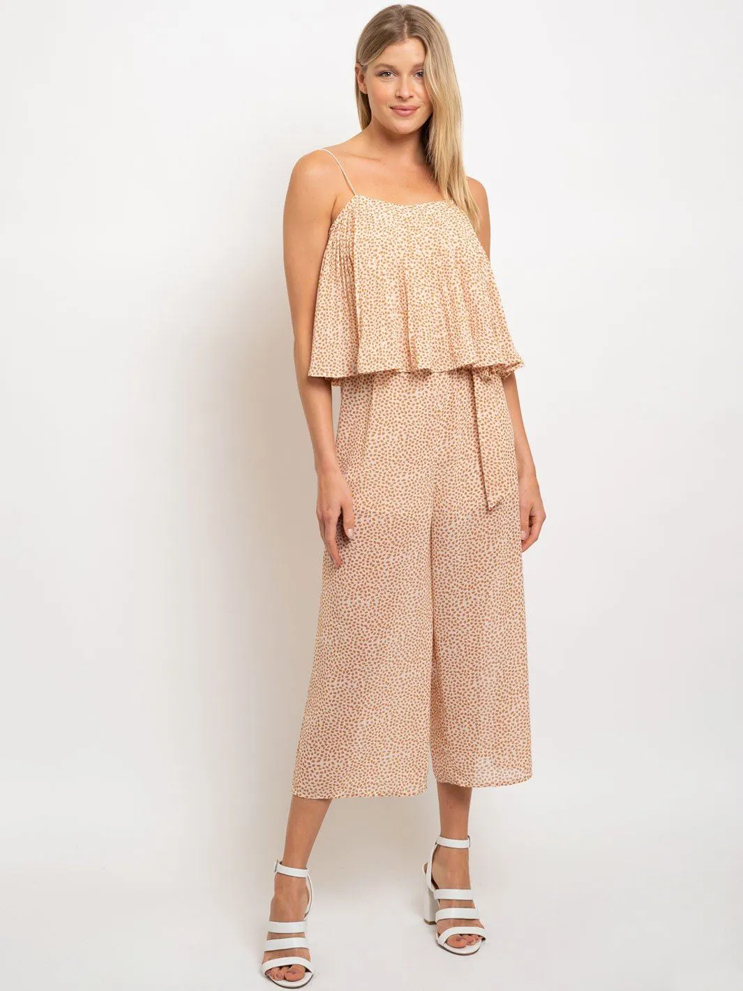 WOMEN'S WOVEN LEAF PRINT TIE FRONT JUMPSUIT