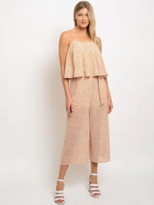 WOMEN'S WOVEN LEAF PRINT TIE FRONT JUMPSUIT
