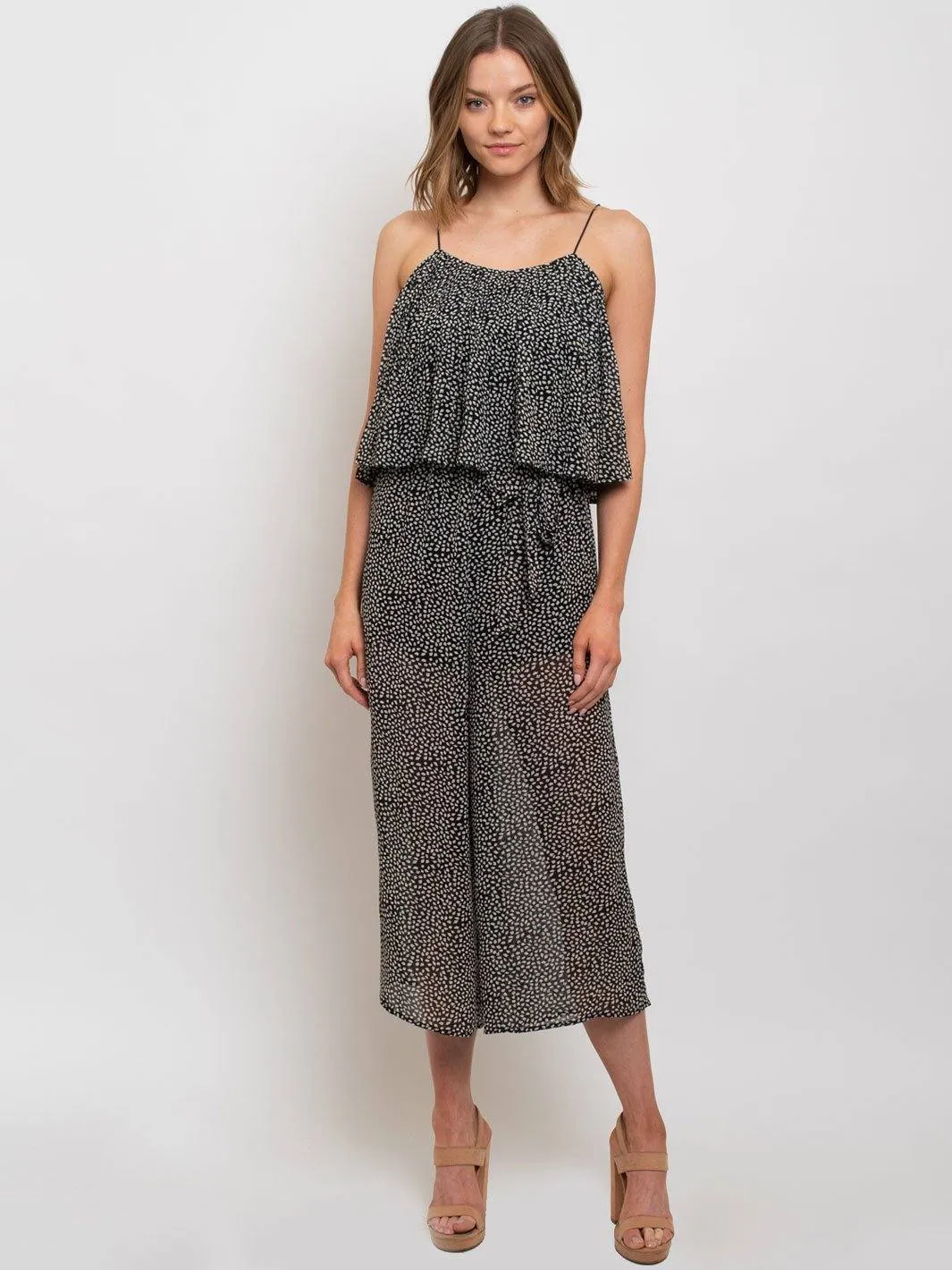 WOMEN'S WOVEN LEAF PRINT TIE FRONT JUMPSUIT